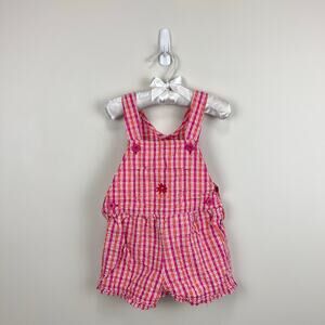 Vintage OshKosh B'gosh Pink Orange Plaid Flower Shortall 2T